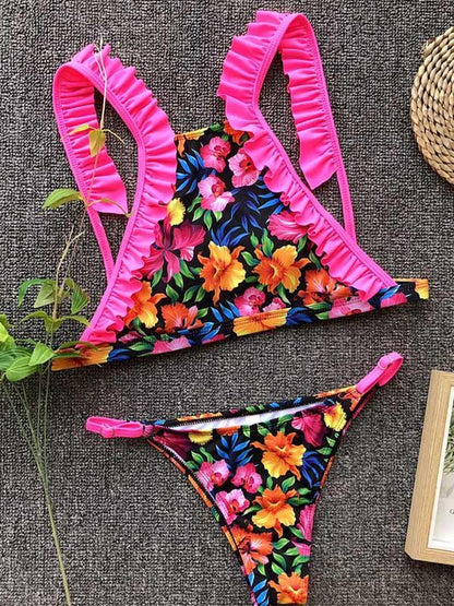 Floral Printed Falbala Bikinis Swimwear