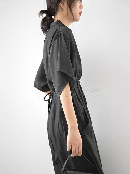 Loose Solid V-neck Bandage Cropped Midi Dress