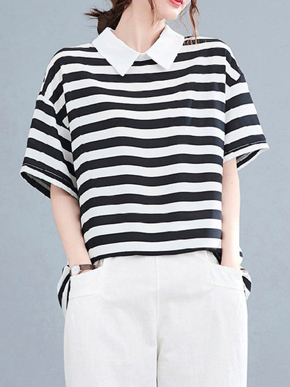 Urban Stripe Half Sleeve Lapel T-Shirt Top