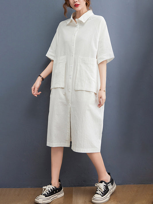 Original Solid Color With Pocket Lapel Shirt Dress