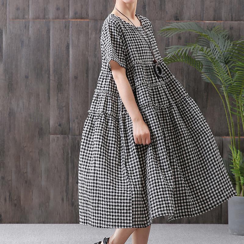 Cotton Linen Short Sleeve Plaid Dress