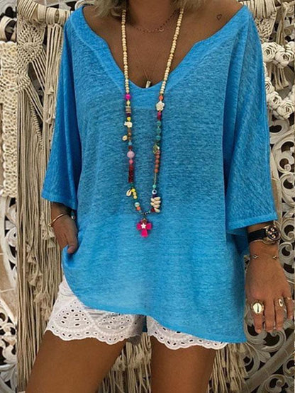 V-neck 3/4 Sleeves Loose Blouses&shirts Tops