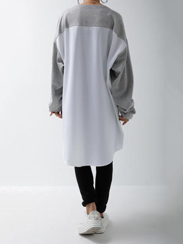 Casual Loose Color Matching Buttoned Split-Joint Split-Side High-Low Round-Neck Long Sleeves Sweatshirt