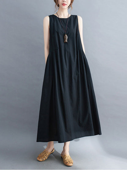 Simple Casual Loose Solid Color Pleated Midi Dress