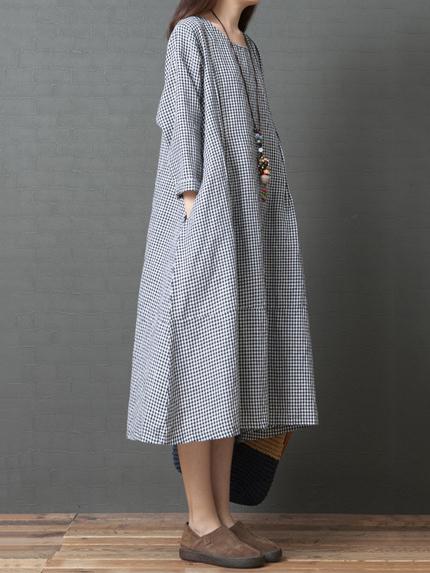 Loose Plaid Round-neck Long Sleeves Dress