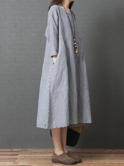 Loose Plaid Round-neck Long Sleeves Dress