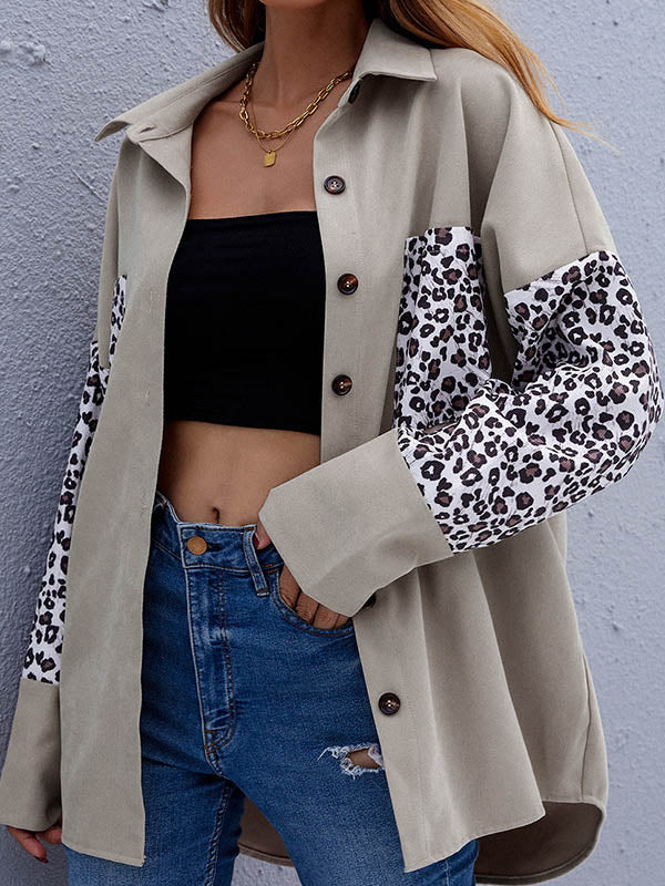 Casual Split-Joint Leopard Buttoned Lapel Collar Long Sleeves Blouse Outwear