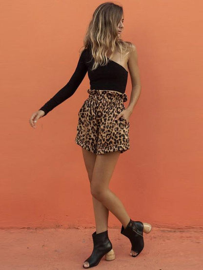 Loose Leopard Casual Elasticity Ruffled Shorts Bottoms