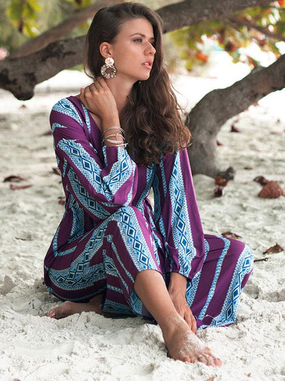 Striped Printed V-neck Belted Maxi Dress