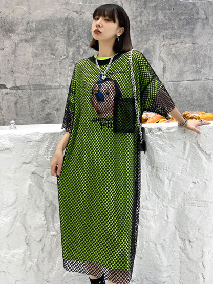 Stylish Hollow Mesh H-Line Short Sleeves Round-Neck Midi Dress