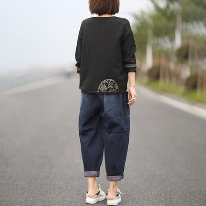 Buykud Retro Casual Pattern Printed Loose Knitted Shirt