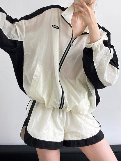 Original Casual Sports Sun-Protection Contrast Color Zipper Outwear&Shorts 2 Pieces Set