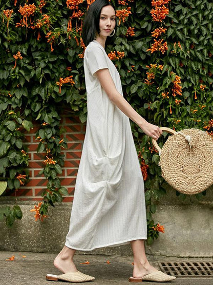 Loose White Split-joint Cropped Round-neck Long Dress
