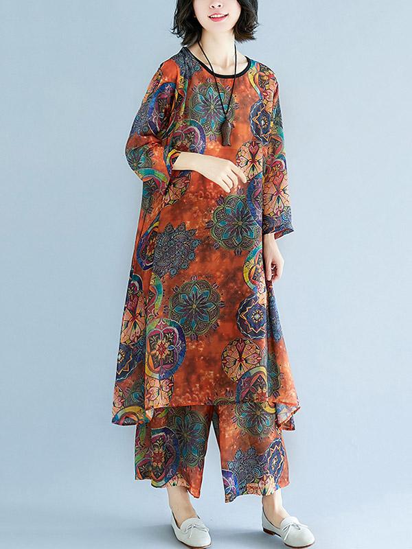 Loose Chiffon Floral Printed Long Shirt+Pants Suits