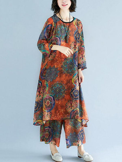 Loose Chiffon Floral Printed Long Shirt+Pants Suits