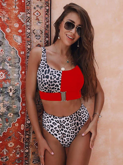 Stitching Leopard Empire Bikini Swimsuit
