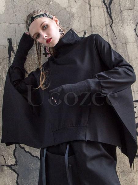 Black Batwing Sleeves High-neck Split-joint Sweatshirt