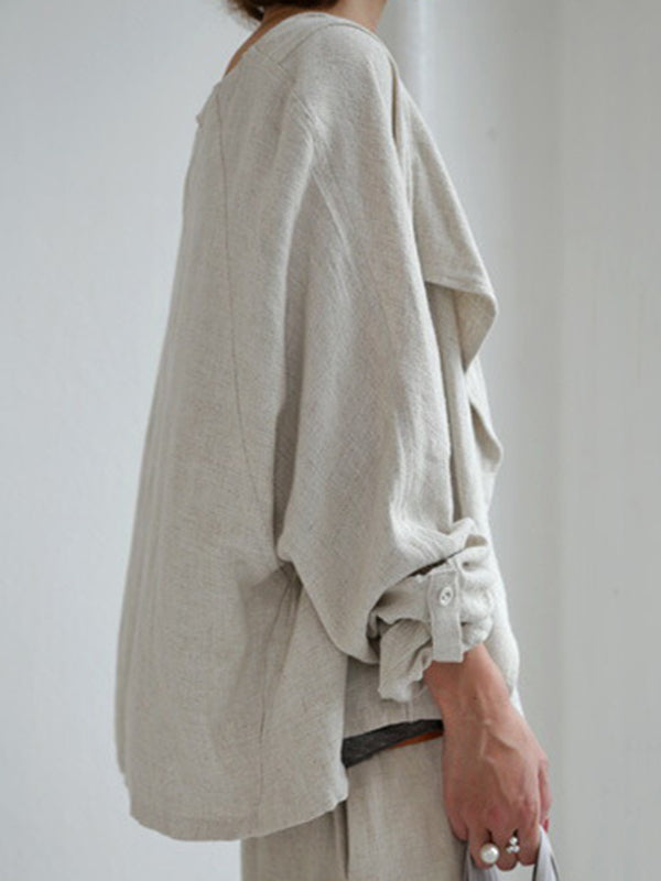 Casual Loose Solid Color Buttoned Lapel Collar Long Sleeves Outwear