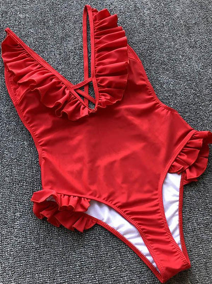 Plain Red Falbala Top One-piece Swimwear