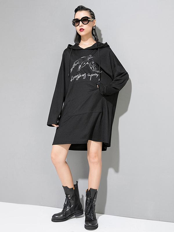 Loose Printed Black Hoodie