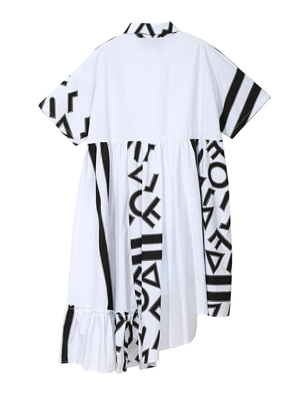 Loose Asymmetric Printed High-Low Lapel Split-Joint Midi Dress