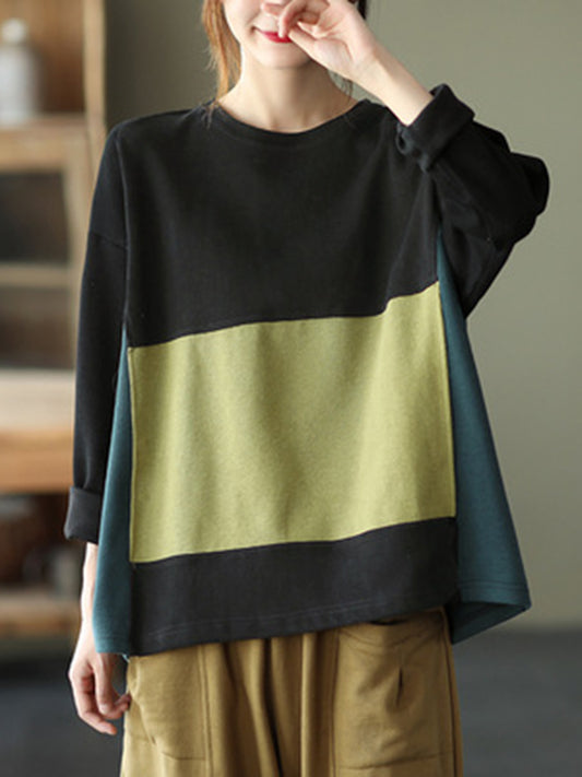Vintage Contrast Color Split-Joint Round-Neck Batwing Sleeve T-Shirt Tops