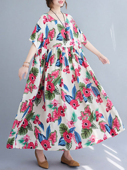 Artistic Retro Loose Floral Printed Pleated Round-Neck Half Sleeves Midi Dress