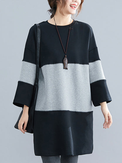 Casual Loose Split-Joint Round-Neck Long Sleeves Mini Dress