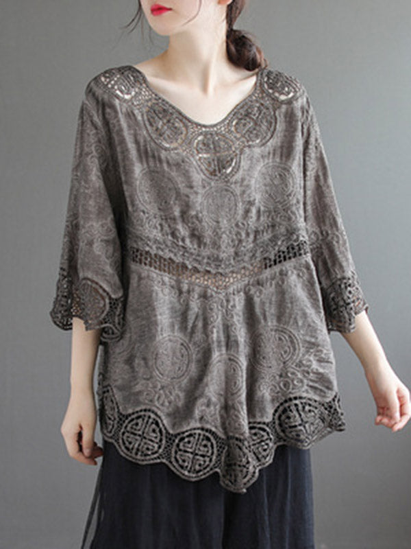 Cotton Blend Embroidered  Hollow V-Neck T-Shirts Tops