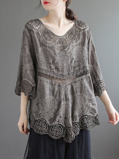 Cotton Blend Embroidered  Hollow V-Neck T-Shirts Tops