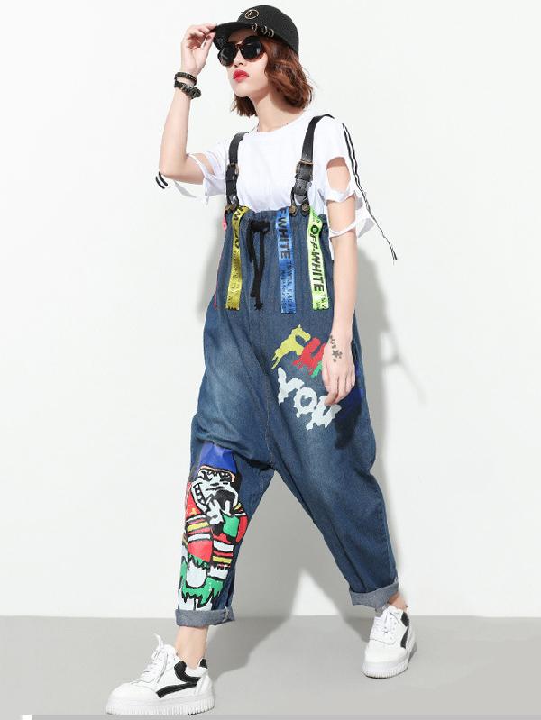 Loose Printed Jeans Jumpsuit