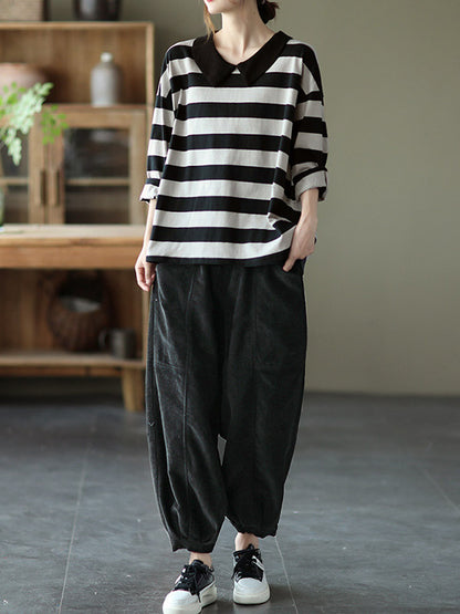 Casual Striped Contrast Color Long Sleeves Doll Collar Loose T-Shirt Tops