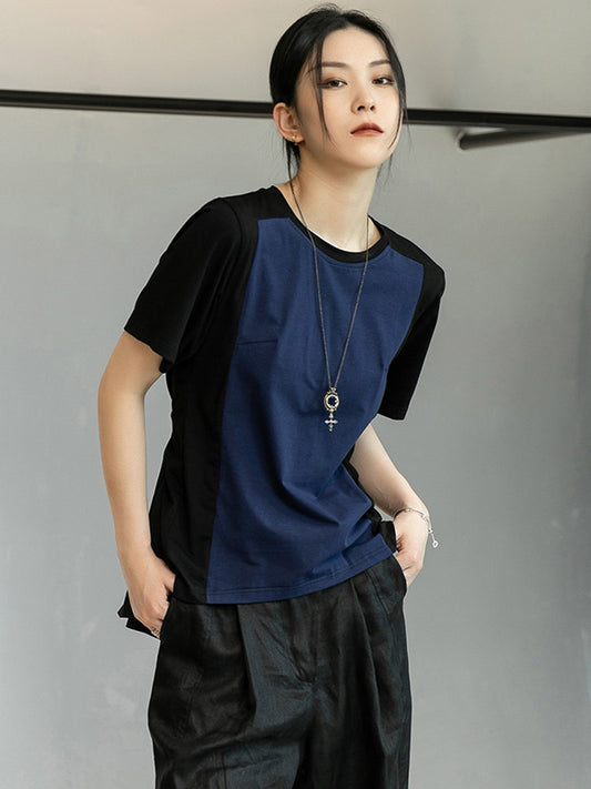 Stylish Split-Joint Black&Blue Back-Pleats Short Sleeves T-Shirt