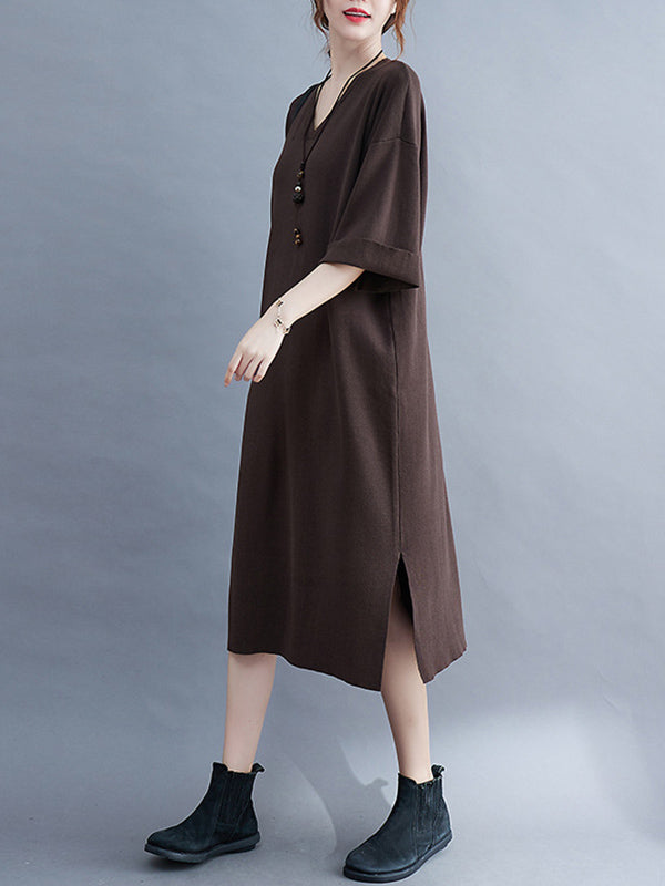 Urban Solid Color V-Neck Split-Side Knitting H-Line Sweater Dress