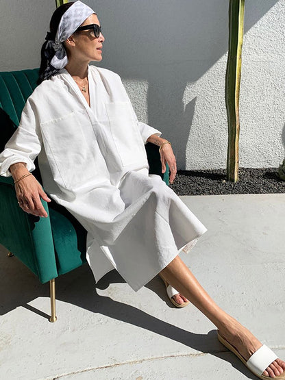 Loose Ramie Cotton Split-Side Long Sleeves V-Neck Midi Dress