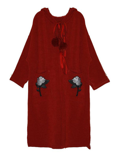 Loose Burgundy Vintage Pompom Triming Wind Coat Outwear
