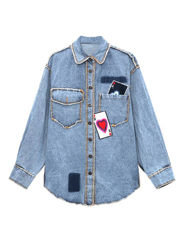 Original Stylish Loose Split-Joint With Pocket Buttoned Applique Lapel Collar Long Sleeves Denim Outwear