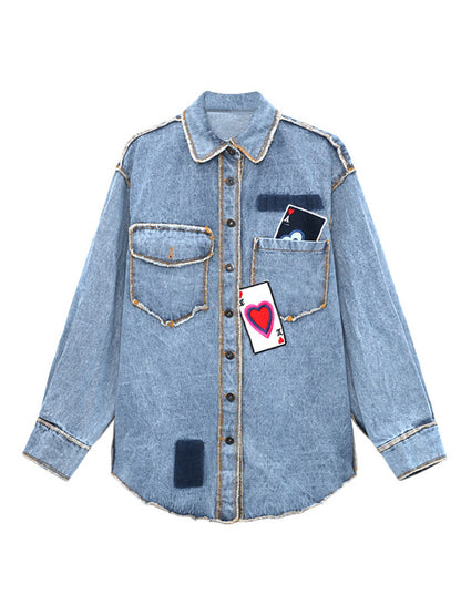 Original Stylish Loose Split-Joint With Pocket Buttoned Applique Lapel Collar Long Sleeves Denim Outwear
