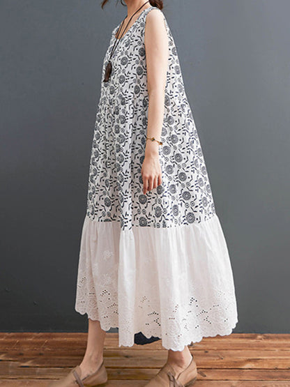Loose Ramie Cotton National Printed Split-Joint Hollow Pleated Round-Neck Sleeveless Midi Dress