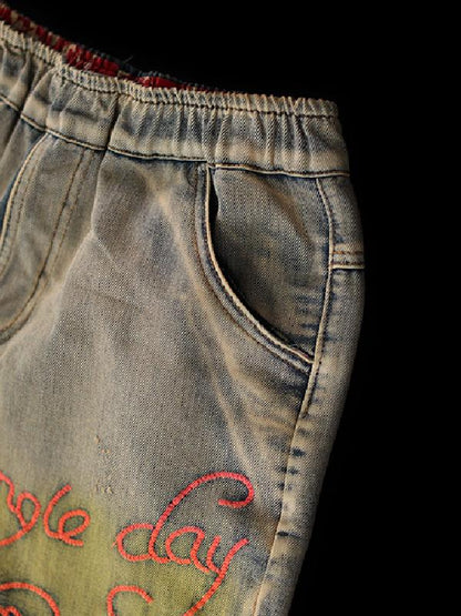 Vintage Loose Embroidery Straight Leg Bottom