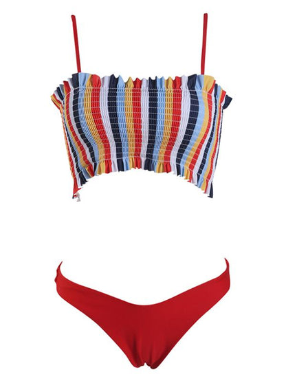 Striped Top Smocked Bikini Set