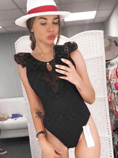 Tulle Polka-dot Deep-V One-piece Swimwear