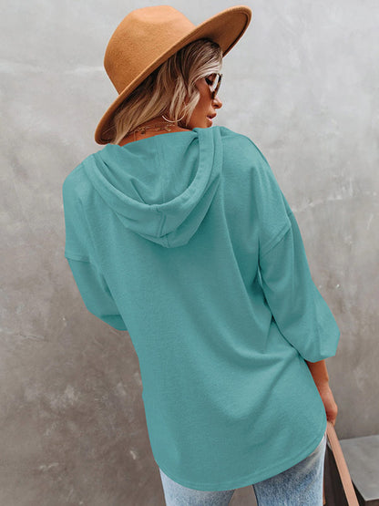 Loose Casual 7 Colors Buttoned Drawstring Hooded V-Neck Long Sleeves Hoodies