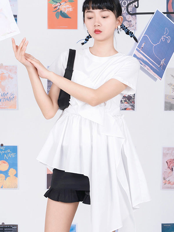 Fashion White Pleats Asymmetric Split-Joint Round-Neck T-Shirts Top
