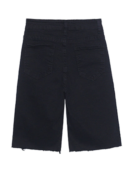 Hip-Hop Stylish Black Irregular Clipping Fringed Zipper Wrap Denim Shorts