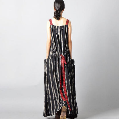 Buykud Retro Stripe Plaid Lacing Loose Black Slip Dress
