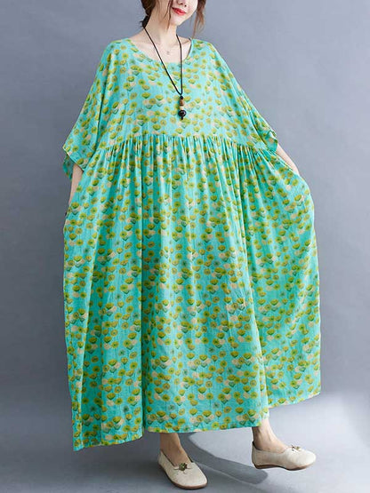 Summer Plant Printing Batwing Sleeves Split-Joint Round-Neck Long Dress