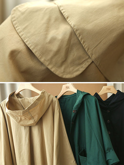 Urban Buttoned Solid Color Hooded Batwing Sleeve Loose Outerwear