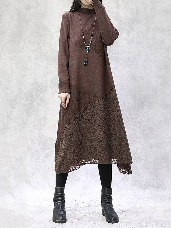 Artistic Retro Solid Color Split-Joint Embroidered Hollow Lace Stand Collar Long Sleeves Knitted Sweater Dress