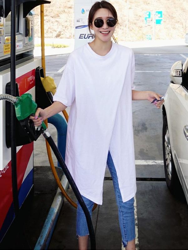 Solid Loose Simple Split-front T-shirt Top